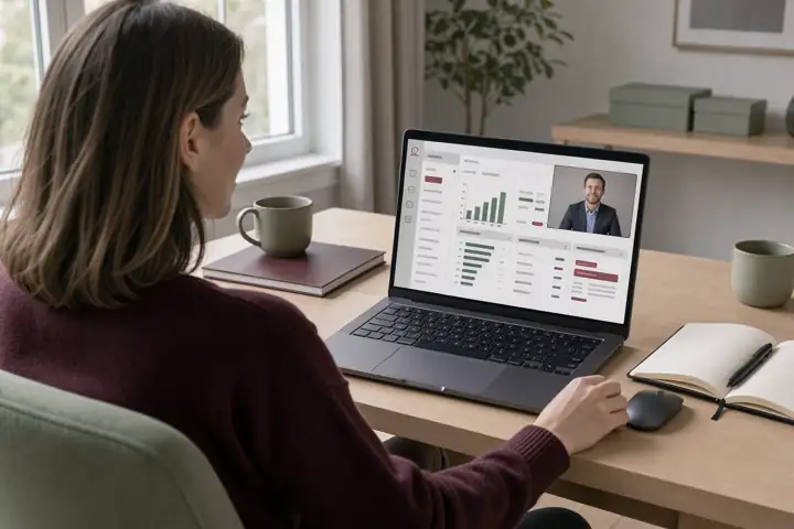 A buyer watching a live software demo on a video call from a home office