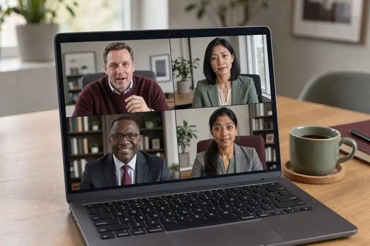 A video meeting with four business participants on a laptop screen
