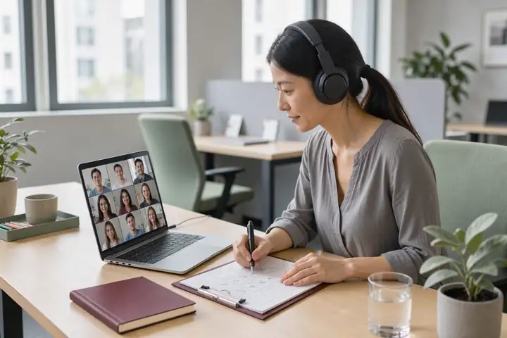 An evaluator on a video call taking notes on a scorecard